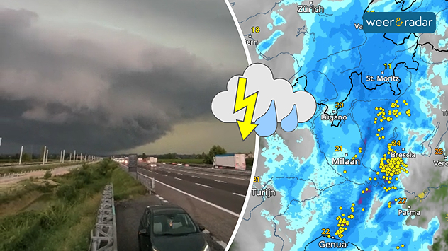 Links donkere onweerswolken boven een snelweg, rechts een weerkaart met symbolen voor hevige regen en bliksem boven Noord-Italië.
