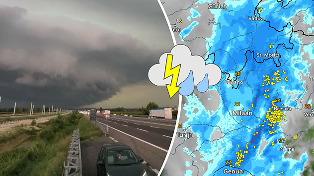 Links donkere onweerswolken boven een snelweg, rechts een weerkaart met symbolen voor hevige regen en bliksem boven Noord-Italië.