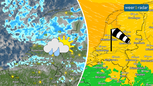 Links de WeerRadar met zon, wolken en regenbuien, dit symbool is ingetekend. Rechts de WindRadar die geel en licht oranje kleurt boven Nederland met windvlagen van 40 tot 55 km/u.