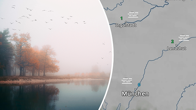 Links: Eine Herbstlandschaft am Wasser im Nebel. Rechts: Das WetterRadar für Donnerstagmorgen.