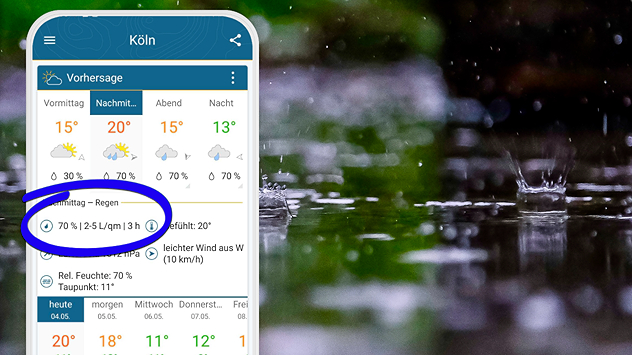 Smartphone mit WetterOnline-App zeigt Regenvorhersage; ein Bereich mit Regenwahrscheinlichkeit ist markiert. Im Hintergrund fallen Regentropfen auf eine nasse Fläche.
