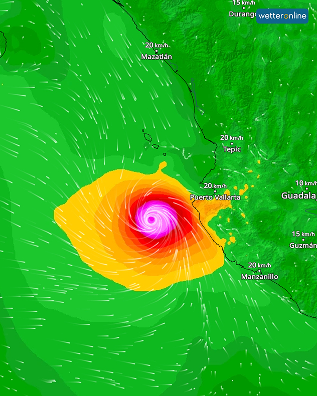 WindRadar zobrazuje hurikán Simon u mexického pobřeží Tichého oceánu poblíž Puerto Vallarta. Fialová a červená barva označují oblast s nejsilnějšími větry. Bílé čáry znázorňují směr větru.