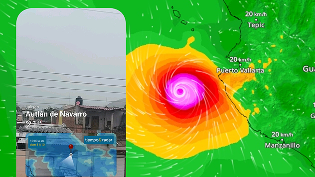 WindRadar zobrazuje hurikán Simon u mexického pobřeží Tichého oceánu poblíž Puerto Vallarta. Fialová a červená barva označují nejsilnější větry. Vlevo je vidět webová kamera z Jalisca.