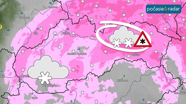 Mapa ukazuje silné sneženie na východe, inde slabé sneženie.
