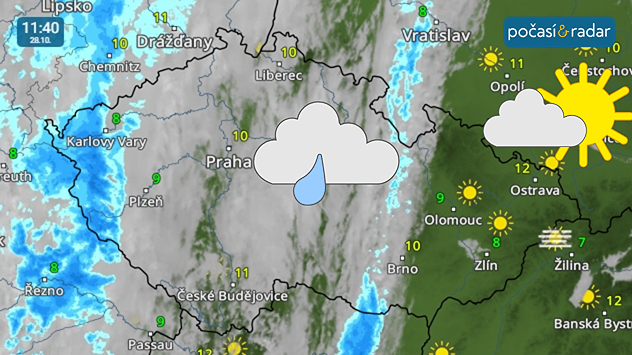 Meteoradar, screenshot, 28. října 11:40: Ve středu přes Česko od západu přechází slabá studená fronta. Postupně tak od západu přibývá oblačnosti, místy se vyskytne slabý déšť.