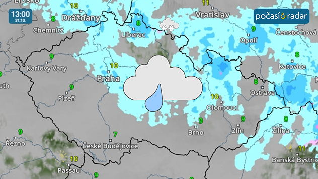 Meteoradar, screenshot, 31. října 13:00: O víkendu u nás bude převládat velká oblačnost, kterou místy doprovodí slabý déšť- Srážky budou častější v severovýchodní polovině území, na horách bude i sněžit.