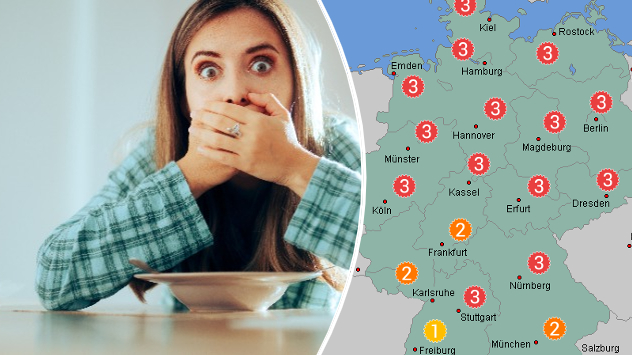 Frau am Tisch mit Suppenteller hält sich Hände an den Mund - Pollenflug Beifuß Mittwoch