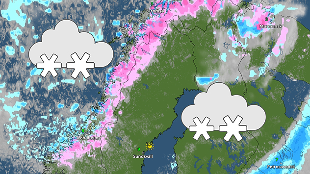 Vejrkort fra Vejr & Radar, der viser sne og slud langs Norges kyst fra Trondheim til Tromsø samt over det nordlige Sverige og Finland. Sne-ikoner markerer udbredt snefald, mens der er lidt sol ved Sundsvall.