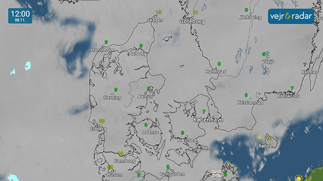 VejrRadar viser overskyet i hele landet lørdag den 8. november ved middagstid.