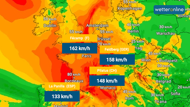 Wetterkarte mit farbiger Darstellung starker Winde und markierten Spitzenböen in Westeuropa.