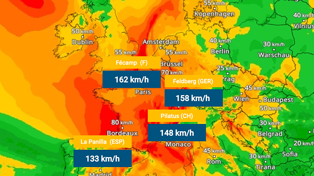 Wetterkarte mit farbiger Darstellung starker Winde und markierten Spitzenböen in Westeuropa.