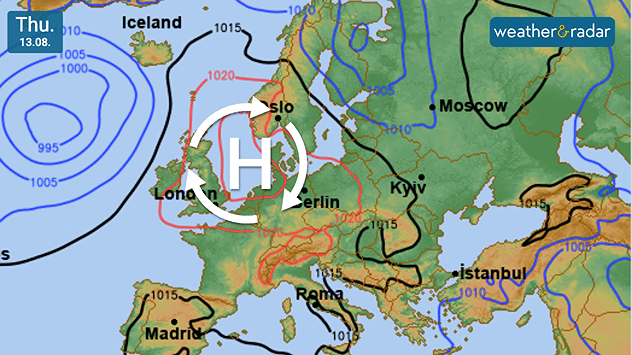 Synoptic weather map of Europe for Thursday 13.08 showing high pressure centered over the UK and nearby western Europe, with clockwise circulation arrows and pressure contours across the continent.