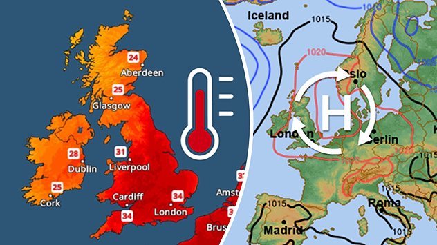 Split weather graphic showing temperatures up to 34°C across southern England and 28°C in Dublin on the left, with a high-pressure system centered over the UK and western Europe on the right.