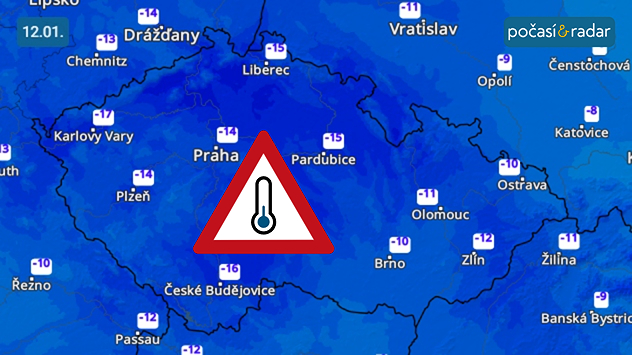Předpověď minimálních teplot v Česku na pondělí 12. ledna: Noc na pondělí bude v Česku velmi mrazivá – nejnižší teploty na většině území poklesnou mezi −10 až −17 °C.