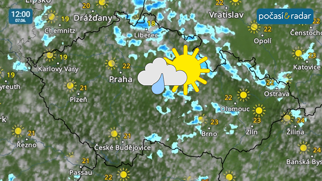 Meteoradar, screenshot, 7. 6. 12:00: O víkendu v Česku převládne poměrně slunečné počasí, hlavně v odpoledních hodinách se však místy objeví přeháňky.