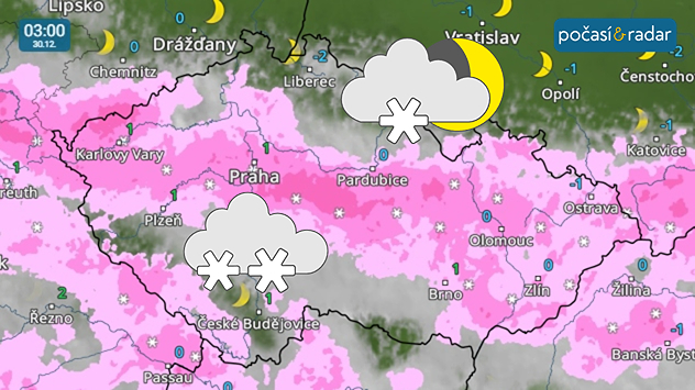 Meteoradar, screenshot, 30. 12. 3:00: V průběhu noci na úterý bude Česko od severu přecházet pásmo sněhových srážek.