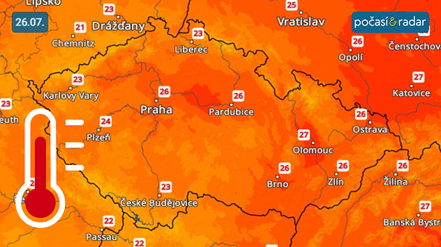 Teplotní radar: V sobotu budou nejvyšší denní teploty dosahovat nejčastěji 22 až 27 °C.