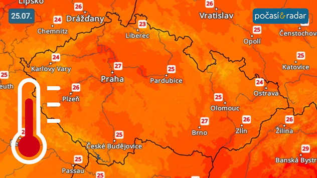 Teplotní radar: Páteční maximální denní teploty v Česku dosahují nejčastěji 23 až 28 °C.