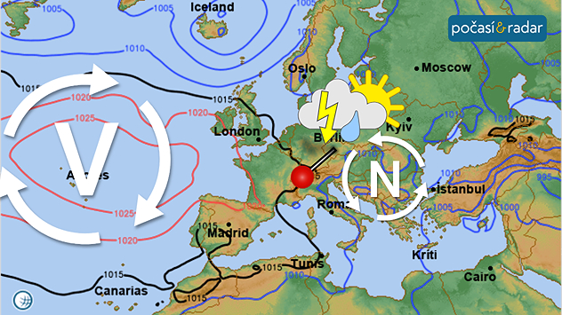 Synoptická mapa: České počasí na závěr tohoto týdne setrvává pod vlivem nevýrazné oblasti nízkého tlaku vzduchu. Počasí nad západní Evropou ovlivňuje rozsáhlá tlaková výše nad Azorskými ostrovy.