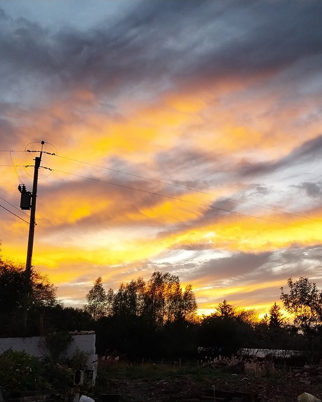 Golden-orange sunset illuminates sweeping layered clouds above silhouetted trees, fields, utility poles and power lines.