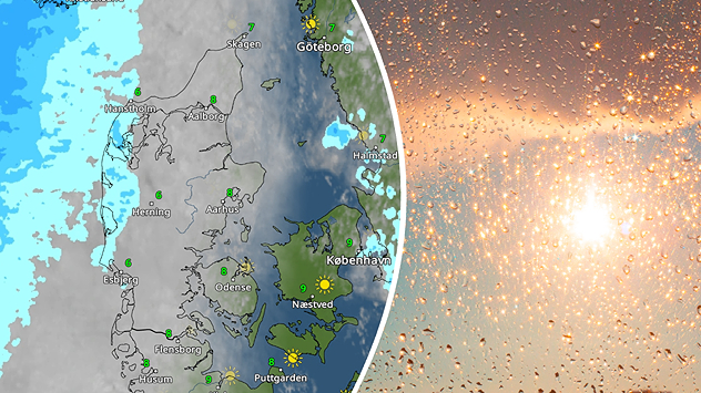 Vejrkort over Danmark med byger i vest og sol i øst kombineret med sollys gennem regndråber.