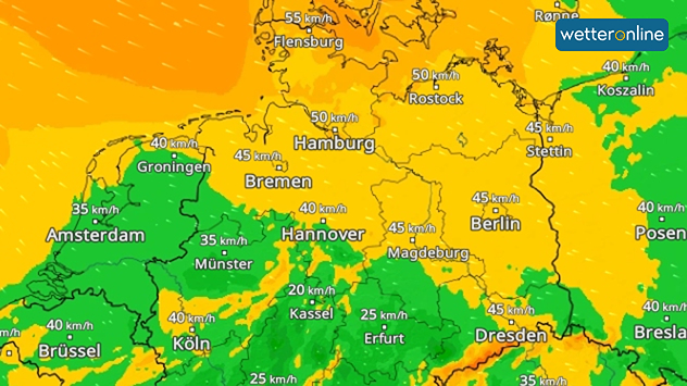 WindRadar zeigt Böen über 40 km/h