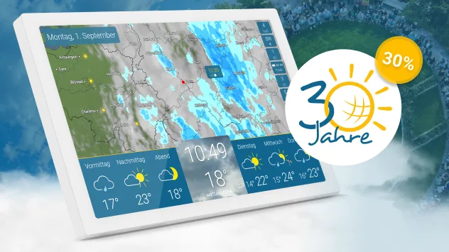 WetterDisplay wetteronline home mit 30-Jahre-Logo und 30-Prozent-Button