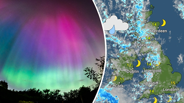 plit image showing the aurora borealis and a weather map. On the left, the night sky glows with green and pink aurora above silhouetted trees. On the right, a weather map of the UK and Ireland displays scattered showers over western and northern areas, clearer skies with moon symbols elsewhere, and temperatures between 11°C in Cork and 15°C in London.