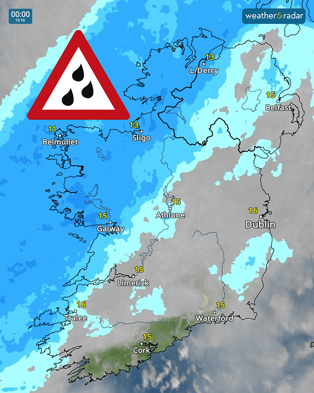 Weather radar at 00:00 on 15.10 showing widespread heavy rain across western and northern Ireland, with a red triangular rain warning symbol.