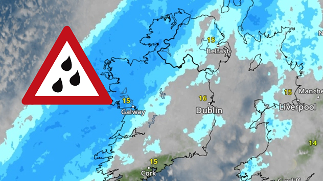 Weather map showing a broad blue rain band over western Ireland and Northern Ireland, with a red heavy rain warning symbol west of Galway.