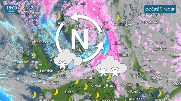 Meteoradar, screenshot, 1. 1. 18:00: Na počasí v Česku bude mít v nejbližších dnech velký vliv hluboká tlaková níže nad střední a severní Evropou.