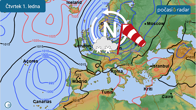 Synoptická situace nad Evropou, čtvrtek 1. ledna: Od poloviny týdne na počasí v Česku pravděpodobně výrazně zesílí vliv hluboké tlakové níže. Nejspíše nás tak čeká větrné a studené počasí s četnými sněhovými srážkami.