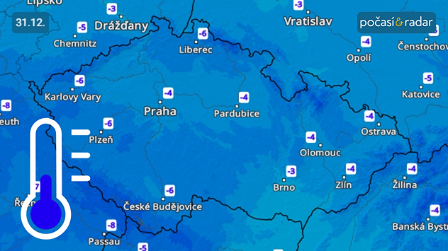 Předpověď minimálních teplot v Česku na středu 31. 12. Nejnižší noční teploty budou v nejbližších dnech zpravidla klesat k hodnotám mezi −1 a −6 °C.