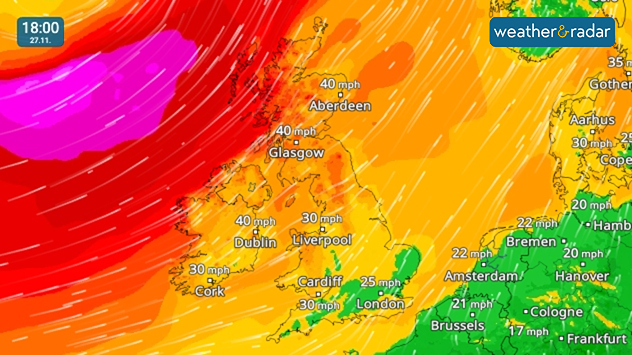Wind map dated 18:00 on 27.11 showing orange-red bands of stronger winds over the UK with labelled speeds from 25 to 40 mph and dense streamlines from the west.