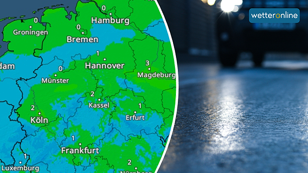 Links: TemperaturRadar zeigt frostige Nacht im Westen und Nordwesten; Rechts: Gefrierende Nässe auf einer Straße