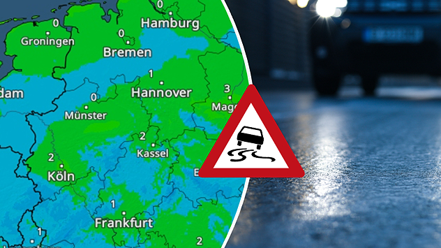 Links: TemperaturRadar zeigt frostige Nacht im Westen und Nordwesten; Rechts: Gefrierende Nässe auf einer Straße