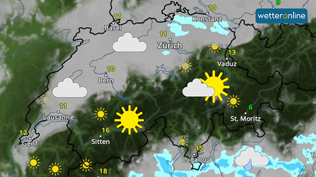 Karte von der Schweiz: Sonne in den Alpen, Hochnebel im Mittelland
