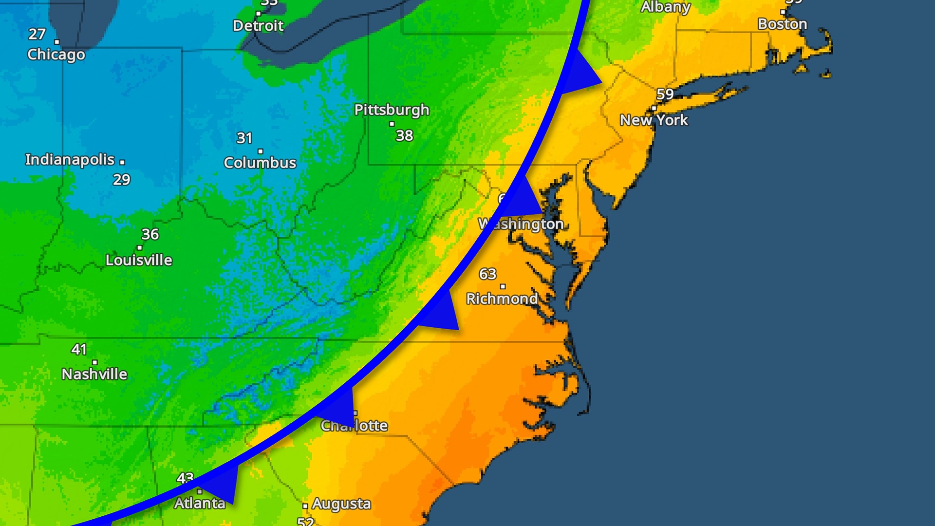 Image of a temperature radar showing a clear distinction between a warm and cold air mass separated by a cold front.