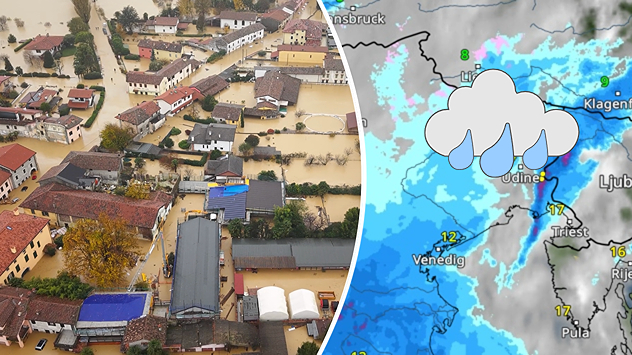 Foto eines überschwemmten Ortes in Norditalien und WetterRadar mit starken Regenfällen