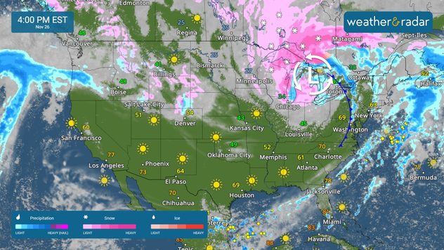 The WeatherRadar shows rain and snow across the Midwest and Great Lakes today.