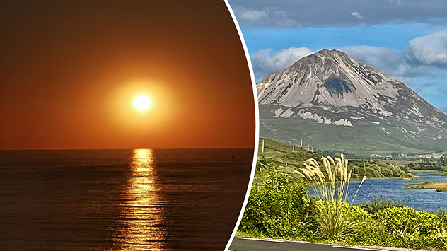 Split image showing a golden sunset reflecting across calm sea on the left and a rugged mountain rising above green vegetation and water beneath broken clouds on the right.