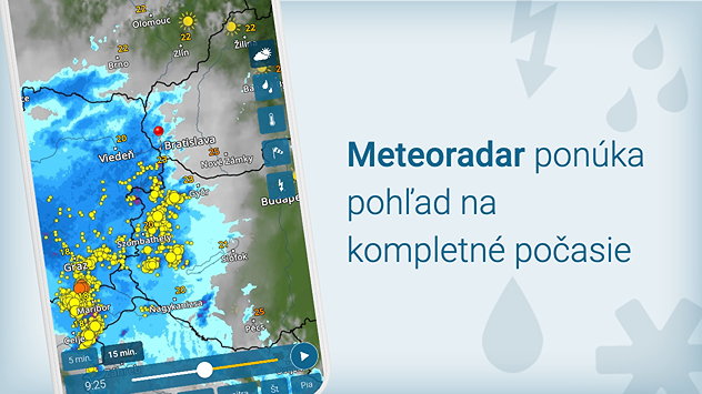 Telefón s aplikáciou Počasie & Radar a Meteoradar, ktorý ponúka pohľad na kompletné počasie.