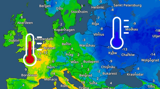 Europakarte mit TemperaturRadar am Samstagnachmittag. Warme Farben im Westen mit milden Temperaturen, kalte Blautöne im Osten mit starkem Frost.