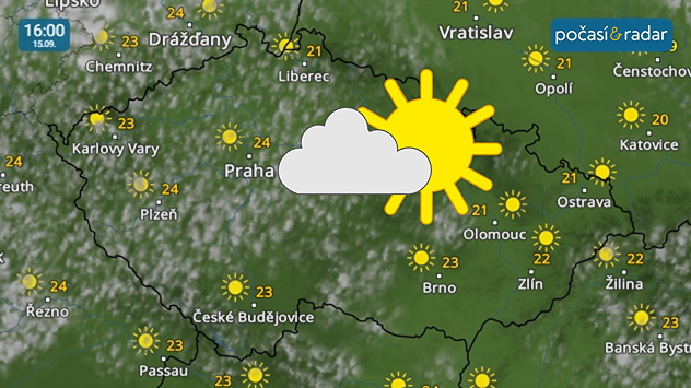 Meteoradar, screenshot, 15. září 16:00: Úterý nám nabídne příjemné a slunečné počasí s odpoledními teplotami do 24 °C.