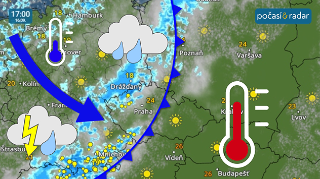 Meteoradar, screenshot, 16. září 17:00: Ve středu začne během dne Česko od severozápadu přecházet studená fronta s deštěm, přeháňkami a lokálně i bouřkami.