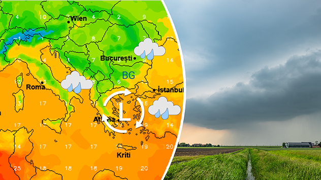 Отляво: Метеокартата показва циклон и дъжд над Балканите в началото на месец май Отдясно: Тъмни облаци и дъд над полето