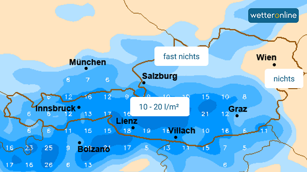 Karte mit Niederschlagsmengen in Österreich