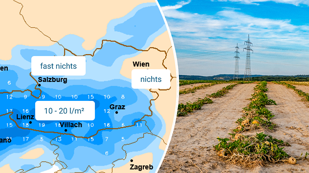 Karte mit Niederschlagsmengen in Österreich und vertrocknetes Feld