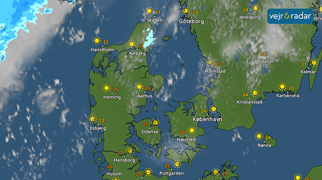 VejrRadar over Danmark med solrigt sommervejr og temperaturer op mod 27 grader.