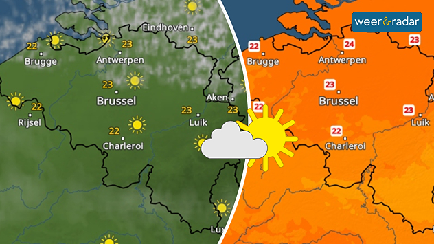 Links een afbeelding van de WeerRadar met daarop zon en wolken zichtbaar. Rechts een afbeelding van de TemperatuurRadar. Die toont 21 tot 24 graden.